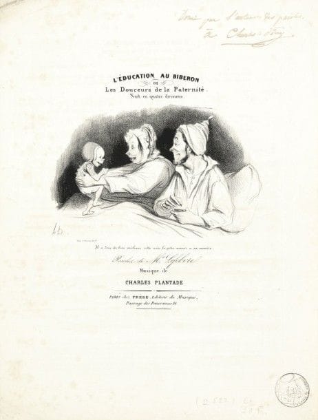 Honoré DAUMIER (1808-1879)
Sujets divers (Loterie, pl. des séries Musée pour rire, Mésaventures et Désappointements de Mr Gogo ; Mœurs conjugales). 1836-1842. Lithographie. Delteil 301, 537, 547, 548, 642, 649. Belles épreuves sur blanc. Quelques rousseurs claires. Toutes marges. Joint : L’Éducation au biberon ou Les Douceurs de la Paternité. 1838. Lithographie. [270 x 350]. Delteil 522. Très belle épreuve sur double feuillet, en illustration d’une partition musicale, avec envoi à la plume et à l’encre sépia : « Donné par l’auteur des paroles / à Charles […] ». Rousseurs claires. Ens. 7 p.																																														