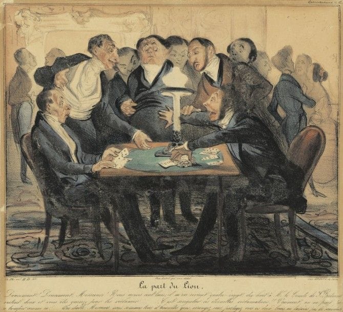 Honoré DAUMIER (1808-1879)
La Part du lion (Caricaturana, pl. 12). 1837. Lithographie. À vue : 255 x 235. Delteil 376. Bonne épreuve rognée mais complète de la tablette, oxydée, en coloris gommé du temps. Menus accidents aux bords du feuillet. 																																														