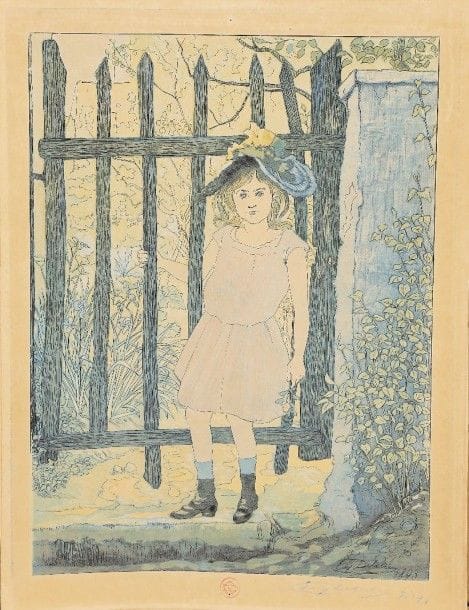Eugène DELATRE (1864-1938)
Enfant à la grille d’un jardin (la fille de l’artiste). 1895. Eau-forte, pointe sèche et aquatinte. 217 x 295. Impression en couleurs. Belle épreuve sur japon, légèrement oxydée et les couleurs un peu passées, signée et numérotée au crayon bleu, puis timbrée (Lugt 742). Fin pli cassé horizontal dans la marge supérieure. Marges étroites et irrégulièrement découpées. 	Réf. : N. Zmelty et al., Impressions à Montmartre, Eugène Delâtre & Alfredo Müller, Paris, Silvana Editoriale, 2013, p. 84, fig. 33.																																													