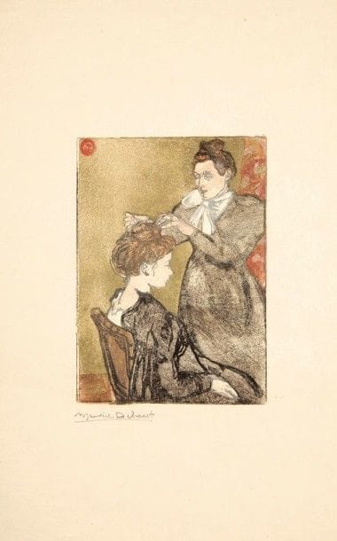 Maurice Delcourt (1877-1916)
La Coiffure. 1899. Bois gravé. 99 x 138. I.F.F. 4. Impression en couleurs. Très belle et fraîche épreuve sur simili-japon fort, signée au crayon puis annotée « tirée à 100 n° 25 » et timbrée dans l’angle inférieur droit. Toutes marges. 																																														