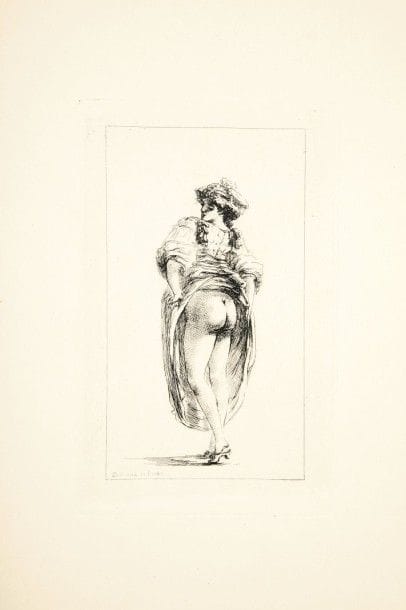 Dominique-Vivant, baron Denon (dit Vivant-Denon) (1747-1825)
Les Priapées. Pl. pour L’œuvre originale de Vivant Denon (…) par M. Albert de la Fizelière. Paris, A. Barraud éditeur, 1873. Eau-forte. Formats divers. Belles épreuves sur vélin, la dernière sur double page et très accidentée. Toutes marges. Ens. 29 p.																																														