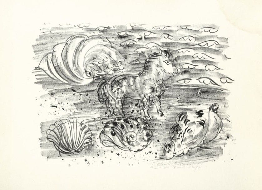 Raoul DUFY (1877-1953)
Petit cheval et coquillages. Vers 1930. Lithographie. 340 x 250. Très belle épreuve sur vélin blanc fort, dédicacée « à Charles Guérin / son ami » et signée au crayon. Auréole claire d’humidité dans l’angle supérieur droit du feuillet. Toutes marges.	Provenance : Charles Guérin, peintre et lithographe (1875-1939). 																																													