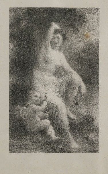 Henri FANTIN-LATOUR (1836-1904)
Vénus et l’amour (petite pl.). Autographie. 150 x 210. Hédiard-Mason 101. Belle épreuve sur chine volant, l’une des 50 sur ce papier, du 1er état (sur 6), avant l’adresse de Lemercier, collée par les bords sur carton. Rares rousseurs claires. Toutes marges. Cadre (au verso étiquette de A. Strölin, marchand rue Laffitte).	Provenance : famille Haviland, par descendance.																																													