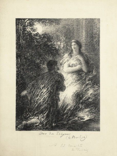Henri FANTIN-LATOUR (1836-1904)
Duo des Troyens (H. Berlioz) (5e pl.). 1894. Lithographie. 222 x 290. Hédiard-Mason 116. Très belle épreuve d’essai sur chine volant, du 2e état (sur 3), avant effaçage des inscriptions, dédicacée au crayon « A Ed. Maitre » et signée, collée par les bords sur carton. Quelques rousseurs claires. Toutes marges. Tirage à seulement 11 épreuves de cet état. Cadre (au verso étiquette de A. Strölin, marchand rue Laffitte). 	Provenance : famille Haviland, par descendance. 	Edmond Maître (1840-1898), musicien, collectionneur d’art et mécène, fut l’ami des impressionnistes, parmi lesquels Renoir, Fantin-Latour, Manet, Monet et Cézanne. Il figure sur le tableau de Fantin-Latour, Un atelier aux Batignolles (1870), conservé au Musée d’Orsay.																																												