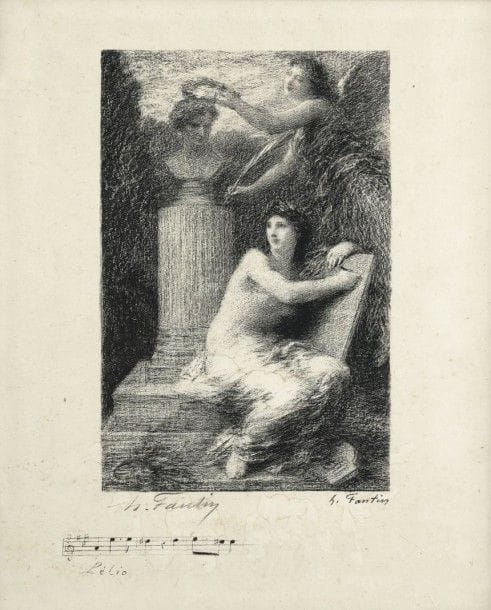 Henri FANTIN-LATOUR (1836-1904)
À Berlioz (petite pl.). 1895. Lithographie. 140 x 255. Hédiard-Mason 120. Belle épreuve sur chine volant, du 3e état (sur 4), avant la mention de L’Artiste, signée au crayon, collée par les bords sur carton. Petites auréoles très claires d’humidité. Marges. Cadre (au verso étiquette de A. Strölin, marchand rue Laffitte).	Provenance : famille Haviland, par descendance.																																													