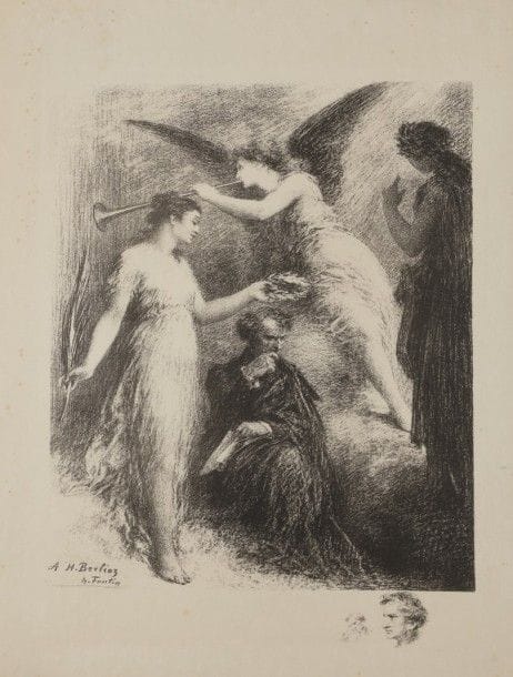 Henri FANTIN-LATOUR (1836-1904)
À Berlioz (grande pl.). 1897. Lithographie. 385 x 505. Hédiard-Mason 132 ; Johnson 40. Très belle épreuve sur japon, avec la remarque. Léger empoussiérage aux bords du feuillet. Quelques rousseurs. Toutes marges non ébarbées. Tirage à 100 épreuves pour l’Album d’estampes originales de la Galerie Vollard. Ex-coll. H.-M. Petiet.																																														
