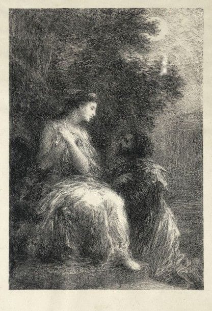 Henri FANTIN-LATOUR (1836-1904)
Duo des Troyens (H. Berlioz) (7e pl.). 1903. Lithographie. 175 x 255. Hédiard-Mason 177. Très belle épreuve sur chine volant, du tirage sans la lettre, collée par les bords sur carton. Rares rousseurs claires. Toutes marges. Cadre (au verso étiquette de A. Strölin, marchand rue Laffitte).	Provenance : famille Haviland, par descendance.																																													