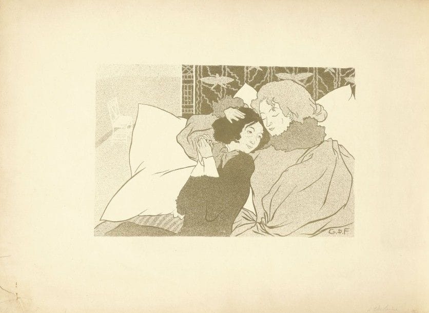 Georges De Feure (1868-1943)
À Verlaine ; Le Meurtre. 1894-1895. Lithographie. Chaque env. 260 x 170. Millman, Georges de Feure, Maître du symbolisme et de l’Art Nouveau, ACR Édition, Paris, 1992, p. 20 et 82. Impression en vert olive et en brun violacé. Belles épreuves sur vélin crème. Pli oblique médian à la 1re. Déchirures et accidents dans l’angle inférieur gauche des feuillets, anciennement consolidés par de l’adhésif (oxydé) au verso. Toutes marges. Ens. 2 p. 	Provenance : collection André Fildier (1928-2001), historien de la carte postale.																																													