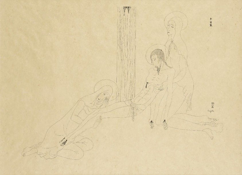 Léonard-Tsuguharu Foujita (1886-1968) (d’après)
Descente de croix. 1920. Héliogravure. À vue : 620 x 475. Buisson 20-10. Très belle épreuve sur japon fort chamois, non signée. Toutes marges. Cadre. 																																														