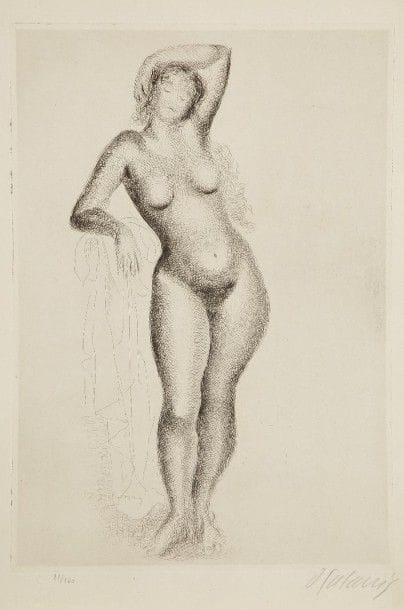 Demetrios GALANIS (1879-1966)
Nu. 1927. Eau-forte. 318 x 450. I.F.F. 53. Parfaite épreuve sur vélin fort, numérotée et signée au crayon. Toutes marges. Tirage à 150 épreuves. Timbre sec : Le Chien de Pique (Lugt non décrit).																																														