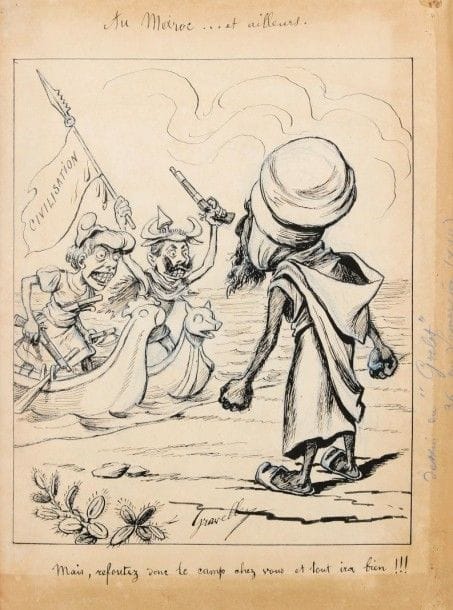 Émile Gravelle (1855-1920)
Albums de dessins pour Le Grelot. Vers 1900-1903. 2 vol. in-fol, contenant une exceptionnelle réunion de dessins de presse à l’encre de Chine et au crayon bleu sur vélin blanc fort, la plupart accompagnés de leur calque aquarellé indiquant le coloris, tous signés et légendés. 	Les deux albums comptent un total de 190 feuillets comportant parfois entre 2 et 4 dessins chacun (soit environ 350 dessins). 	Ancienne collection L. Soullié, éditeur de catalogues raisonnés, de livres sur l’art et de catalogues de ventes annotés.	Provenance : collection André Fildier (1928-2001), historien de la carte postale.																																											
