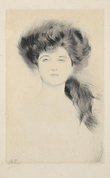 Paul-César HELLEU (1859-1927)
Femme en buste aux longs cheveux retombant sur l’épaule. Pointe sèche. 250 x 390. Belle épreuve sur vélin, signée deux fois au crayon (à gauche et à droite sur le coup de planche). Forte oxydation à l’ouverture d’un ancien montage. Rousseurs claires éparses dans les marges plus claires. Cadre. 																																														