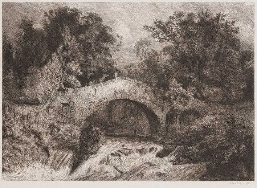 Paul HUET (1803-1869)
La Maison du garde ; Un pont en Auvergne. 1834. Eau-forte. 370 x 290. Delteil 9 et 12. Très belles épreuves sur chine appliqué, du 2e état (sur 3), avant effaçage des inscriptions. Petit manque dans l’angle inférieur gauche du feuillet à la 2e. Toutes marges. Joint : Chaumière normande, près d’Arques. 1836. Eau-forte. 347 x 255. Delteil 29. Belle épreuve sur chine appliqué. Rousseurs claires et menus accidents aux bords du feuillet. Toutes marges. 2 pl. de la coll. H.-M. Petiet. Ens. 3 p.																																														