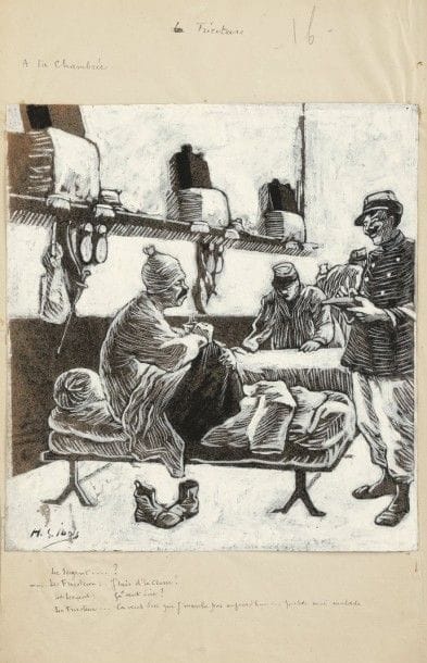 Henri-Gabriel IBELS (1867-1936)
À la chambrée : Fricoteurs ; Malades. Vers 1914. Dessins de presse, gouache blanc et encre de Chine sur vélin, [255 x 280], signés en bas à gauche, montés sur un autre feuillet portant la légende manuscrite en pied. Petit manque dans l’angle supérieur droit au 2e. Joint : carte postale illustrée reprenant le 1er sujet. Ens. 3 p.	Provenance : collection André Fildier (1928-2001), historien de la carte postale.																																													
