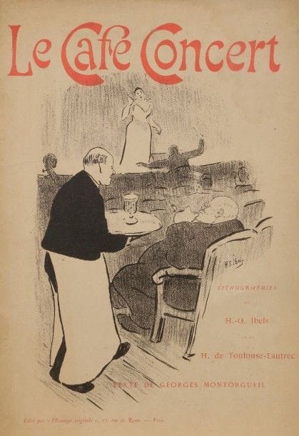 Henri-Gabriel IBELS (1867-1936)
Le Café Concert. 1893. Un album in-fol., couverture et 10 pl. par Ibels (sans les pl. de Toulouse-Lautrec). Lithographie. Chaque [320 x 440]. Très belles épreuves sur vélin glacé (la chemise de japon très défraîchie). Infime empoussiérage aux bords du feuillet. Toutes marges. 	Provenance : collection André Fildier (1928-2001), historien de la carte postale.																																													