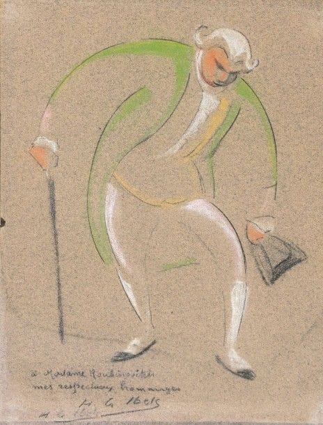 Henri-Gabriel IBELS (1867-1936)
Homme saluant, un tricorne à la main. Dessin au fusain, à la mine de plomb et au pastel sur vélin mince teinté brun, [220 x 290], dédicacé « à Madame Roubinovitch / mes respectueux hommages » et signé deux fois. Fine bande d’oxydation en pied. Petite trace de colle au bord gauche. Le bord droit du feuillet légèrement irrégulier. 	Provenance : collection André Fildier (1928-2001), historien de la carte postale.																																													