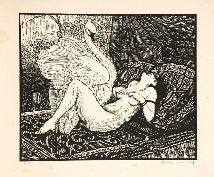 Louis Jou (Luis Felipe-Vicente Jou i Senabre, dit) (1881-1968)
Léda. 1913. Bois gravé. 309 x 255. Très belle épreuve sur japon, numérotée, titrée, signée et datée au crayon. Quelques rousseurs claires. Plis cassés dans l’angle supérieur droit. Restes de colle dans les angles au verso. Toutes marges. Tirage à 50 épreuves.																																														