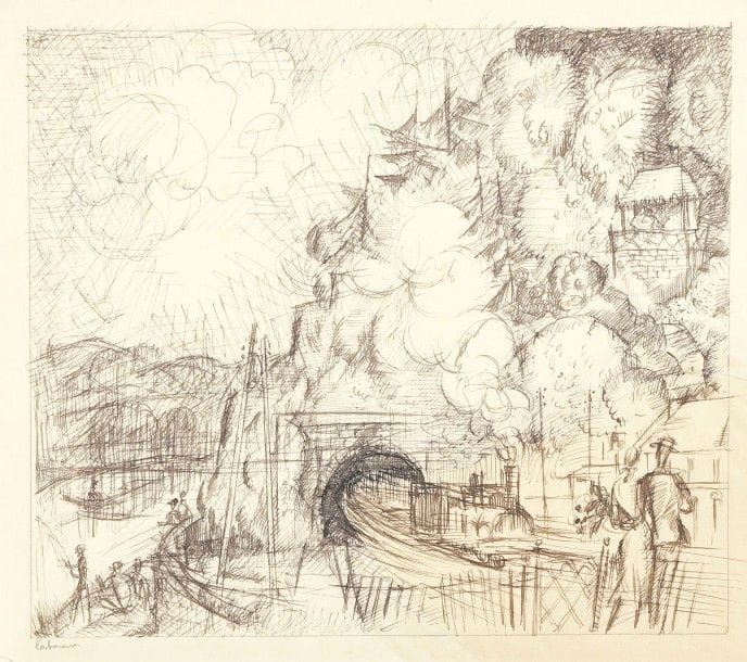 Jean-Emile LABOUREUR (1877-1943)
Paysage au tunnel. 1920. Dessin à la plume et à l’encre sépia sur vélin mince, [271 x 243], signé au crayon. L’angle inférieur droit découpé et rapporté à l’aide d’une bande de papier collée au verso. Joint : même sujet. Eau-forte. 220 x 198. Laboureur 195. Réunion de deux belles épreuves des 1er et 2e états, sur vélin, signées et numérotées au crayon. Fine trace d’oxydation aux bords du feuillet, minuscule déchirure dans l’angle inférieur gauche et quelques rousseurs claires à la 1re. Bonnes marges ou toutes marges. Tirage total à 69 épreuves. Ens. 3 p.																																														