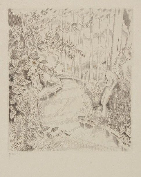 Jean-Emile LABOUREUR (1877-1943)
Le Ruisseau sous bois. 1927. Burin. 190 x 220. Laboureur 353. Belle épreuve sur vélin, collée sur carton, signée au crayon. Rousseurs claires éparses. Toutes marges. 																																														