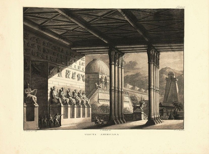 Antonio Basoli (1774-1848)
Collezione di varie scene teatrali per uso degli Amatori, e Studenti di belle arti date in luce da Antonio Basoli [...] disegnate da Gaetano Sandri e da altri scolari dell’autore, e dai fratelli del medesimo Luigi, e Francesco Basoli. Bologne, 1821. Un album grand in-fol. oblong contenant 99 sujets (sur 100 – manque la pl. LXXVII) gravés à l’eau-forte et à l’aquatinte par L. et F. Basoli (frères de l’artiste). Chaque 395 x 288. Impression en sépia. Très belles épreuves sur vélin blanc. Auréoles claires d’humidité marginales. Quelques rousseurs claires, traces de plis verticaux et petites taches. Le n° de la pl. V rajouté à la plume et à l’encre sépia. Reliure de l’édition, défraîchie. 																																														