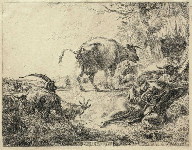 Nicolaes BERCHEM (1620-1683)
La Vache qui pisse. Eau-forte. 265 x 207. Bartsch, Hollstein 2. Belle épreuve rogné au coup de planche. Courtes déchirures sommairement restaurées en tête au verso. 																																														