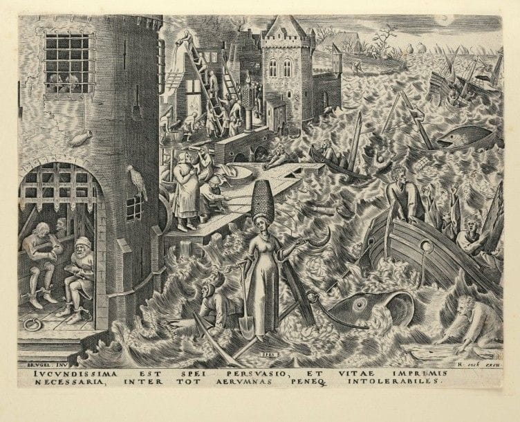 Pieter Bruegel l’Ancien (c. 1525-1569)
Spes (L’Espoir) (pl. de la suite des Vertus). Vers 1559-1560. Gravé par Ph. Galle. 288 x 220. Hollstein 32.14 ; Van Bastelaer 133. Très belle et brillante épreuve rognée au sujet et bien complète de la tablette, les traits de mise en place de la lettre bien visibles. Quelques rousseurs claires éparses. Filigrane : double C. 																																														