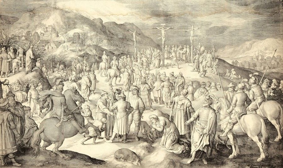 Nicolaes de Bruyn (1571-1656)
La Crucifixion. 1610. Burin. 700 x 425. Le Blanc 62. Bonne épreuve rognée au coup de planche, d’un tirage postérieur, le cuivre légèrement usé. Longue auréole d’humidité en tête et autres petites auréoles en pied. L’angle supérieur droit accidenté et refait. Pli vertical médian renforcé en pied au verso. Petit trou à gauche du cheval au premier plan.																																														