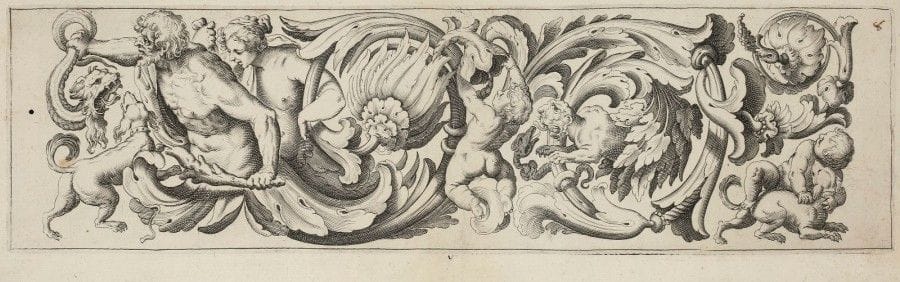 Luca Ciamberlano (1570-1641)
Frises d’ornements. 1628. Eau-forte d’après Poliphile Giancarli. Chaque 446 x 111. Suite d’un titre et 11 pl. Belles épreuves, certaines partiellement fendues verticalement par le milieu. Les pl. portant un numéro à la plume et à l’encre sépia dans l’angle supérieur droit. Rousseurs claires, trous de vers et petits accidents divers aux bords des feuillets. Une pl. oxydée. Paraphe à l’encre sépia (« Annibale Beretta ») en pied à droite du titre gravé. Belles marges. Joint : 11 autres sujets dont 9 frises de divinités marines gravées à l’eau-forte. Épreuves rognées au sujet, certaines avec petits accidents. Ens. 23 p.																																														