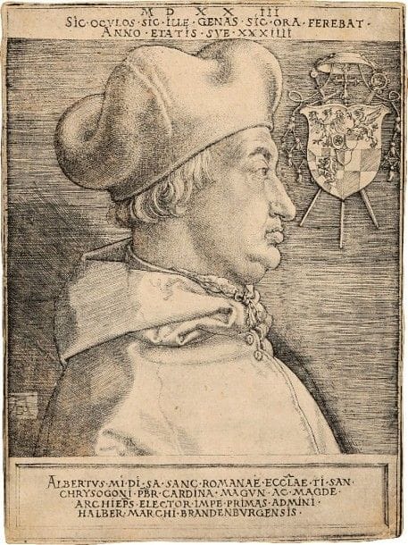 Albrecht Dürer (1471-1528)
Le Cardinal Albrecht de Brandenburg, ou Le Grand cardinal. 1523. Burin. 130 x 175. Bartsch 103 ; Meder 101. Bonne épreuve tardive (XVIIe s.), grise, rognée à l’extérieur du coup de planche. Petites traces de colle et épidermures dans les angles au verso.	Provenance : ancienne collection du docteur Gachet.																																													