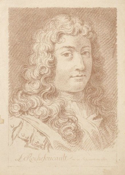 Jean-Charles François (1717-1769)
La Rochefoucault (sic). Gravure en manière de crayon. 217 x 306. Belle épreuve tirée en brun, rognée à l’intérieur du coup de planche mais avec belles marges du cuivre. Pli cassé oblique. Petites taches et auréoles d’humidité. 																																														