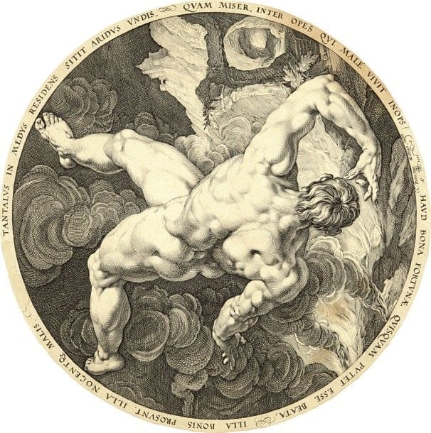 Hendrick GOLTZIUS (1558-1617)
La Chute de Tantale. Burin d’après C. Cornelisz. Diamètre 330. Bartsch 258 ; Hollstein 306. Belle épreuve du 1er état (sur 3) avant l’adresse, finement doublée sur japon. Quelques taches rousses. Manque de 50 mm dans la bordure supérieure. Petites fractures dans le sujet. Joint : d’après Goltzius. Portrait du fils de Théodore Frisius, peintre. Burin. 260 x 360. Bartsch 190. Bonne épreuve Rousseurs claires. Courtes déchirures. Belles marges. Ens. 2 p.																																														