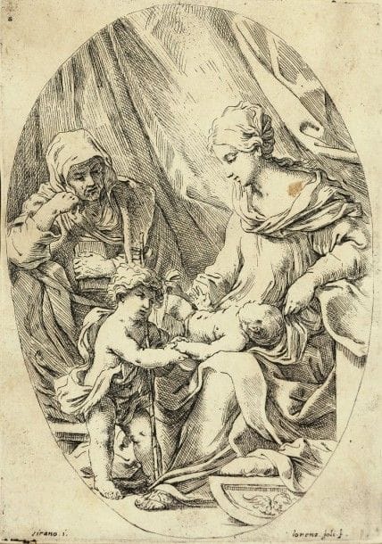 Lorenzo Loli (c. 1612-1691)
Sainte Famille (La Sainte Vierge et l’Enfant avec Elisabeth et Jean Baptiste enfant). Eau-forte d’après Elisabetta Sirani. 149 x 206. Bartsch 6. Belle épreuve oxydée. Petites salissures, taches et traces de colle. Filets de marges. Cadre. 																																														