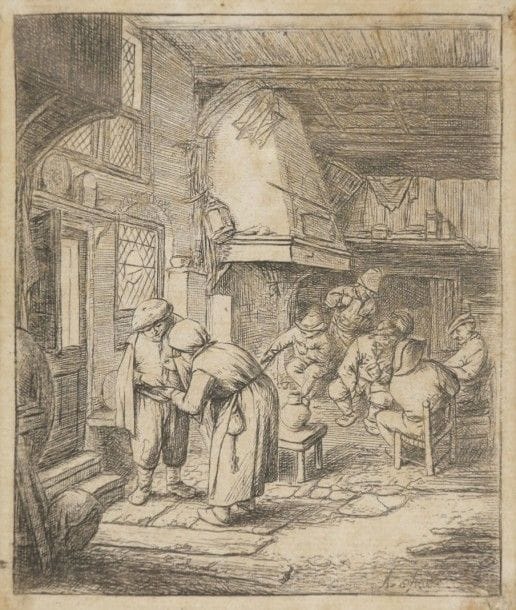 Adriaen Van OSTADE (1610-1685)
Fumeur riant accoudé au dossier de sa chaise ; La Poupée demandée ; Paysan et paysanne cheminant ; Le Fumeur et le buveur ; Le Goûter ; Le Paysan payant son écot ; Les Deux commères. Eau-forte. Formats divers. Godefroy 6, 16, 24, 24 a, 40, 42, 50. Bonnes épreuves en tirage tardif, rognées au coup de planche, collées sur carton. Petits manques et accidents dans certains angles. Rousseurs claires éparses. Ens. 7 p. (en trois sous-verres). 																																														