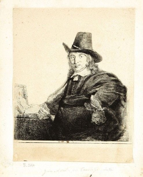 Rembrandt Harmensz. van Rijn (1606-1669)
Jan Asselijn, peintre. Vers 1647. Eau-forte et pointe sèche. 171 x 216. Bartsch 277. Bonne épreuve rognée sur le coup de planche, en tirage du XIXe s (Jean), anciennement collée par les angles supérieurs sur vergé. Petits restes de colle au verso. Fine bande d’oxydation en pied. Au verso, paraphe de Naudet à la plume et à l’encre sépia (Lugt 1937), avec la date « 1821 » (l’encre ayant traversé le papier et visible sous formes de petites taches au recto). 																																														