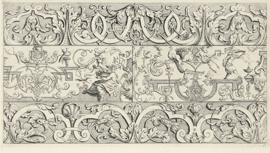 Paul Decker (1685-1782) (d’après)
Neu Inventirtes Laub Bandl and groteschgen-Werk. (Nouveau livres d’entrelacs, de bandeaux et de grotesques). Eau-forte par J. C. Reiff. 220 x 120. Suite de 6 pl. Belles épreuves remargées. Accidents et manques à la dernière. 																																														