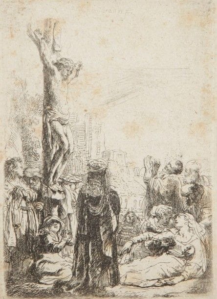 Rembrandt Harmensz. van Rijn (1606-1669)
La Crucifixion (petite pl.). Vers 1635. Eau-forte. 69 x 94. Bartsch 80. Belle épreuve d’un tirage du XIXe s. (Bernard), sur vergé mécanique, avec les retouches dans le manteau du personnage de dos. Rousseurs claires éparses. Filets de marges. 																																														