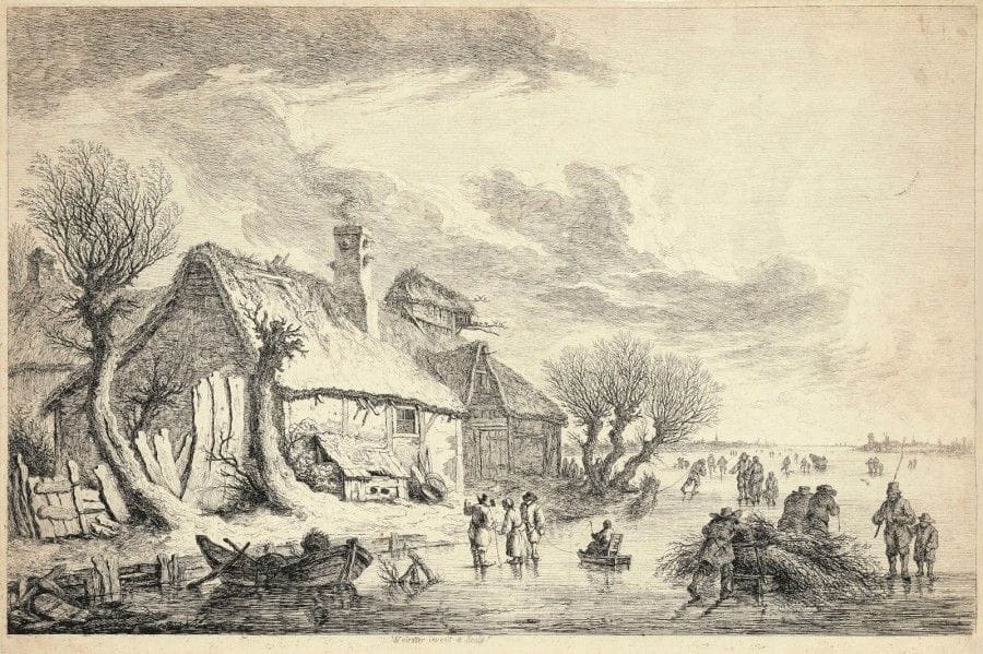 Franz Edmund Weirotter (1730-1771)
Village près d’Anvers. Vers 1760. Eau-forte. 370 x 245. Nagler 32 ; Winterberg 80. Très belle épreuve du 1er état (sur 2), avant l’adresse, rognée sur le coup de planche ou légèrement à l’intérieur de celui-ci, mais complète de la tablette. Légères traces de plis. Ex-coll. prince Soutzo (Lugt 2341), avec commentaires au verso à la plume et à l’encre sépia en russe et en français : « Très beau paysage limpide et attrayant ».																																														
