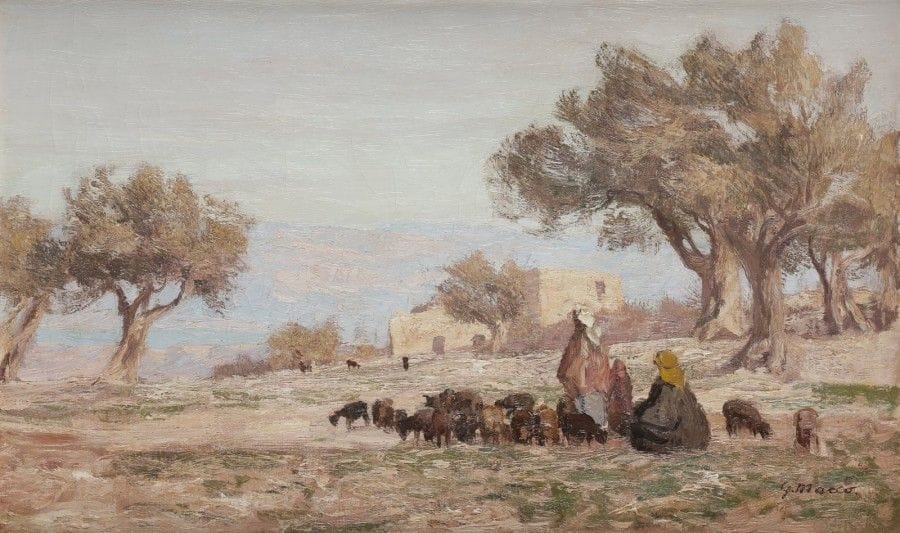 Georg MACCO (1863-1933)
Bergers orientaux et leur troupeau
Huile sur toile.
Signée en bas à droite.
29 x 47 cm