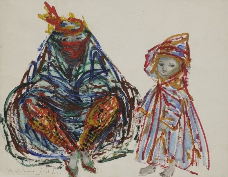 Madeleine SCELLIER (née en 1928)
Femme et enfant orientaux
Gouache et aquarelle.
Signée en bas à gauche.
24.5 x 31 cm