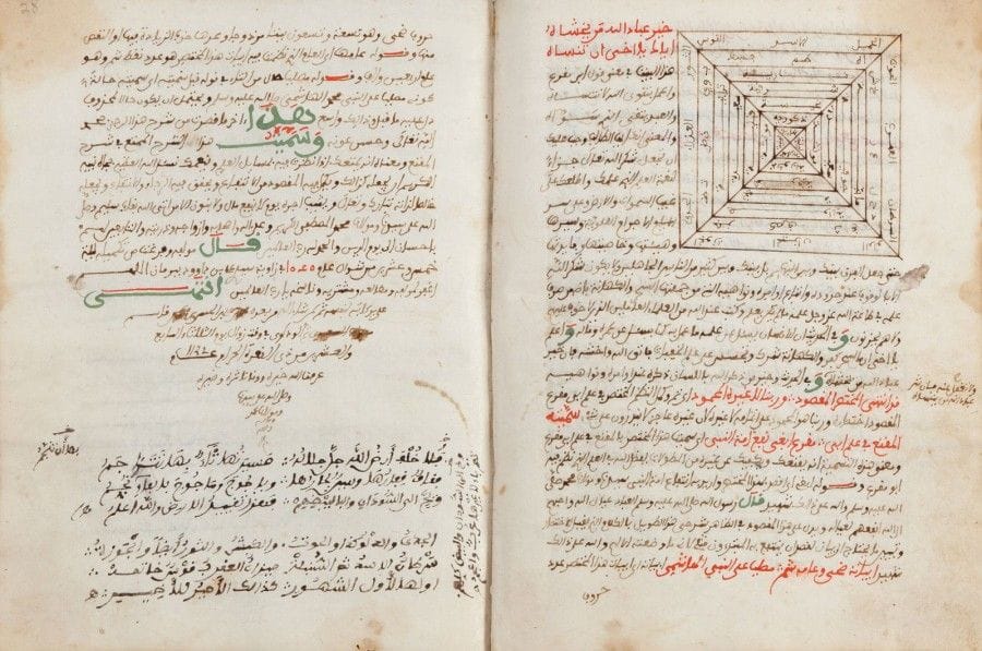 Traité astronomique, «Sharh Qasidat’ fi ‘Ilm al Falak wa Dawaran al-Kawakib al Mutaharrikah /  ; Commentaires de Mohammad ibn Saïd ibn Ahmad al-Susi sur le traité d’astronomie d’Abi Muqri, Maroc, signé et daté 1132H. /  1719
Manuscrit sur papier, en arabe, de vingt-six lignes par page, en écriture maghribî à l’encre noire et rehauts rouges et bleus. Le texte comporte des dessins astronomiques, des tables et des commentaires dans les marges. La première page donne le nom du manuscrit à l’encre rouge. Le colophon s’achève en triangle indique le nom du copiste «Ali ibn Hasan ibn [...] Qasim [...] al-Maïri al-Wadawi » ainsi que la date 1132H. / 1719.  
Reliure, en cuir rouge, estampée d’une mandorle ornée de motifs herati.
Dim. : 21 x 14 cm
État : reliure du XIXe siècle, salissures, mouillures. 
L’auteur était l’imam d’une mosquée de la région de Sousse au Maroc. Pour plus d’information voir : B. A. Rosenfeld, E. Ihsanoglu, Mathematicians, Astronomers and other Scholars of Islamic Civilisation and their Works (7th- 19th C.), Istanbul 2003, p. 371, no. 1166. 
An astronomical manuscript, «Sharh Qasidat ‘fi’ ilm al Falak wa Dawaran al-Kawakib al Mutaharrikah » of Mohammad ibn Saïd ibn Ahmad al-Susi, Morocco, signed and dated 1132H. /  1719 