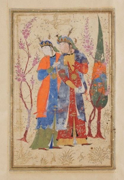 Grand manuscrit poétique, Tohfat al-Ahrâr / Le Présent des Hommes Libres de Djami, Iran, signé al-Heravi et daté 966H. / 1558
Manuscrit poétique persan sur papier, de vingt lignes sur quatre colonnes en vertical et en biais, en écriture nasta’liq à l’encre noire. Le texte comprend des titres inscrits à l’encre rouge ou bleue en réserve sur fond doré dans des bandeaux au milieu du texte.
Enluminé de deux frontispices en unwân à titres à l’encre blanche dans des mandorles polylobées sur fonds fleuris bleu et doré, surmontés des arcatures polylobées à rinceaux fleuris sur fond bleu et doré également. Deux miniatures, en polychromie et or, en vis-à-vis présentant à la droite deux princesses debout dans un paysage et à gauche un jeune homme tenant un livre ouvert agenouillé et un échanson derrière lui. Colophon achevé en triangle donne le nom de copiste « […] bin Djamshid al-Heravi » et la date « le mois du Radjab 996H. / 1558 » et est illustré d’un combat, une panthère dévorant un chasseur dans un paysage animalier. Reliure cartonnée en toile noire et coins en cuir vert.
Dim. reliure : 29,5 x 17 cm
Etat : restaurations sur l’ensemble
Tohfat al-Ahrâr / The Present of Free Men of Djami, Iran, signed al-Heravi and dated 966H. / 1558