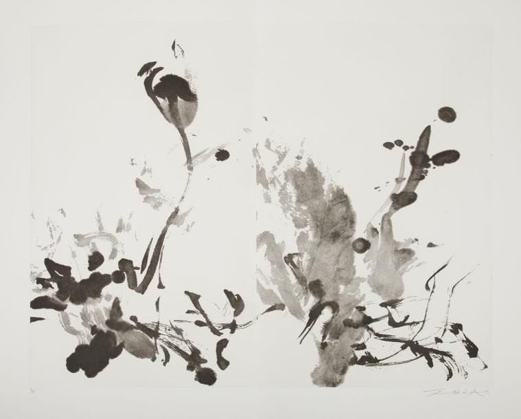 NOËL (Bernard) - ZAO WOU-KI.
Le Jardin d'encre.
[Liancourt, Creil] : Bernard Dumerchez, [2007]. - Grand in-folio, 641 x 370 : (14 ff. dernier blanc). En feuilles, chemise cartonnée imprimée et étui-boîte d'édition. 

Édition originale tirée à seulement 99 exemplaires sur vélin d'Arches, signés par l'auteur et l'artiste, illustrée d'une grande estampe originale sur double page, signée, du peintre et graveur chinois ZAO WOU-KI (1920-2013). Cette estampe a été réalisée selon la technique mixte de l'héliogravure et de l'aquatinte.
Un des 63 exemplaires numérotés de 1 à 63, parfaitement conservé.