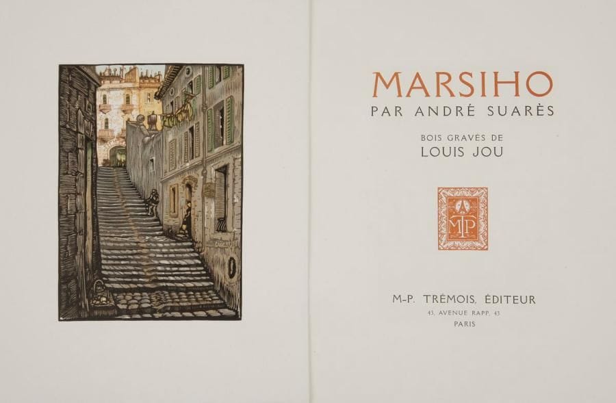 SUARÈS (André) - JOU (Louis).
Marsiho.
Paris : M.-P. Trémois, [1931]. - In-8, 271 x 212 : frontispice, 169 pp., (4 ff. dernier blanc), 5 planches, couverture illustrée. Broché, couverture rempliée, chemise et étui d'édition.

Édition tirée à 305 exemplaires, illustrée de 61 compositions en couleurs, dont 6 hors texte, gravées sur bois par le peintre, graveur et lithographe Louis JOU (1881-1968).
Un des 245 exemplaires sur papier vélin d'Arches enrichis d'une suite en noir des bois originaux sur le même papier.
Usures à la chemise.