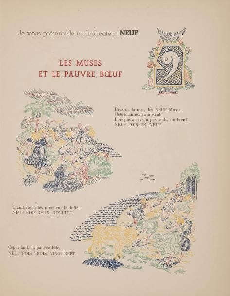 TARDIEU (Jean) - LASCAUX (Élie).
Il était une fois, deux fois, trois fois... ou la table de multiplication en vers.
Paris : Gallimard, [1947]. - Grand in-4, 328 x 253 : (20 ff. premier blanc), couverture illustrée. En feuilles, couverture rempliée.

Édition originale de ce très bel ouvrage illustré pour enfant, dans lequel Jean Tardieu raconte la table de multiplication à travers 10 amusantes histoires en vers. Il est orné de 101 compositions en couleurs du peintre Élie LASCAUX (1888-1968) dont 92 dans le texte et 9 sur la couverture.
Un des 65 exemplaires numérotés sur papier pur fil de Lana, seul tirage sur grand papier, très bien conservé.
On joint un second exemplaire du même ouvrage, sur papier d'édition, d'un format plus petit (299 x 231), parfaitement conservé.
