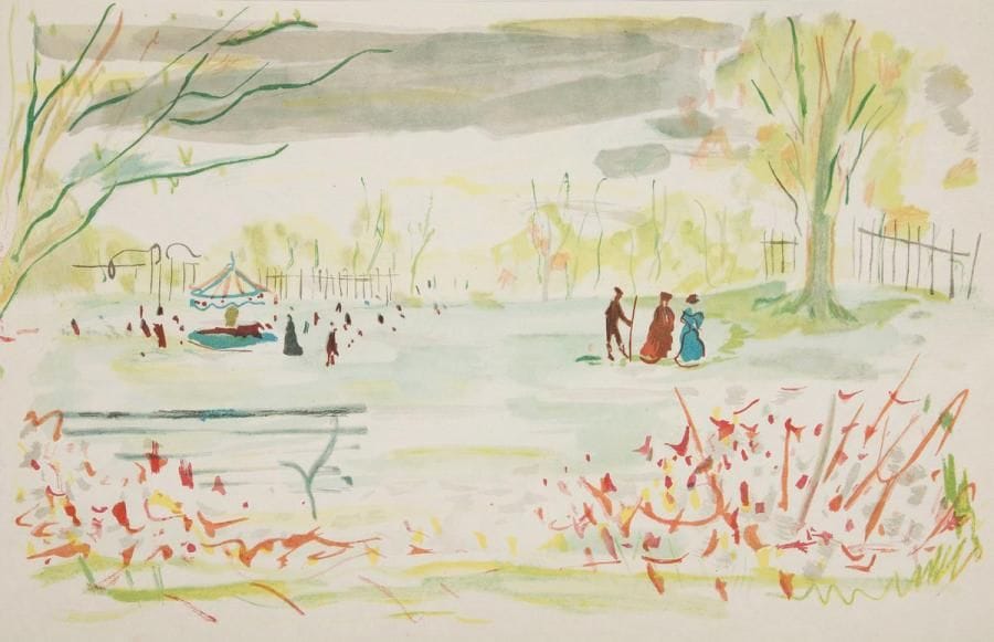 VERLAINE (Paul) - DAUCHOT.
Jadis & Naguère.
Paris : Le livre contemporain et les Bibliophiles Franco-Suisses, 1971. - In-4, 326 x 248 : (2 ff.), 93 pp., (5 ff. 2 derniers blancs), couverture imprimée. En feuilles, couverture rempliée, étui-boîte d'édition.

Édition tirée à 175 exemplaires numérotés sur vélin d'Arches de ce choix de poèmes tirés de Jadis et Naguère de Paul Verlaine, illustrée de 17 lithographies originales en couleurs, dans le texte ou à pleine page, du peintre Gabriel DAUCHOT (1927-2003).
Exemplaire spécialement imprimé pour Didier Gompel, enrichi du menu du dîner donné le 19 avril 1972 à l'occasion de la sortie du livre, illustré par Dauchot et de l'une des 25 suites complètes sur japon nacré des lithographies originales du livre et de celle du menu.
L'exemplaire comprend également un double feuillet d'épreuves du texte des pages 45 à 48, deux courriers des éditeurs, respectivement du 14 mars et du 19 avril 1972, concernant la présentation de l'ouvrage ainsi que la liste des lots d'aquarelles originales et des suites réparties à l'issue de l'Assemblée Générale du 19 avril 1972.