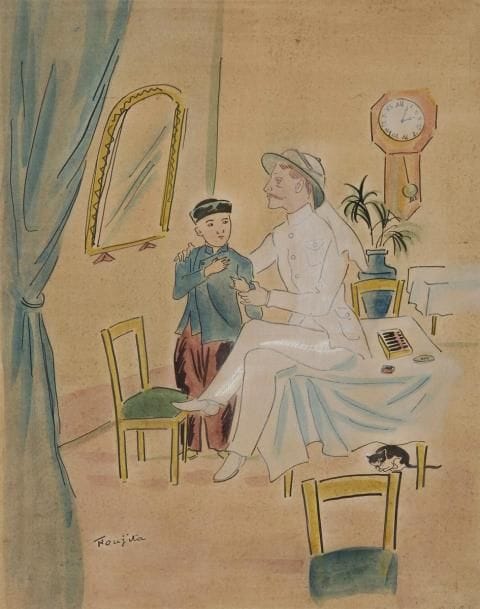 BOISSIÈRE (Jules) - FOUJITA (Léonard).
Propos d'un intoxiqué.
Paris : Javal et Bourdeaux, 1929. - In-4, 281 x 227 : frontispice, (4 ff.), 240 pp., (4 ff. dernier blanc), 15 planches, couverture imprimée. En feuilles, couverture rempliée, chemise et étui d'édition.

Belle édition tirée à seulement 97 exemplaires numérotés, illustrée de 16 aquarelles hors texte de Léonard FOUJITA (1886-1968) reproduites en fac-similé dans les ateliers de Daniel Jacomet.
UN DES 22 PREMIERS EXEMPLAIRES SUR JAPON, CONTENANT 7 ÉTATS DES ILLUSTRATIONS : en couleurs sur japon impérial (dans le corps de l'ouvrage) ; en couleurs avec remarques sur japon impérial ; du trait lithographique avec remarques sur vieux japon ; du trait lithographique sans remarques sur vieux japon ; en couleurs sur annam ; du trait sur annam ; en couleurs sur vélin.
EXEMPLAIRE ENRICHI DE L'AQUARELLE ORIGINALE D'UN DES HORS-TEXTES, placée dans un double feuillet sur japon ancien portant le titre du livre. 
Chemise abîmée. Légères déchirures et plissures à la couverture des suites, sans gravité.