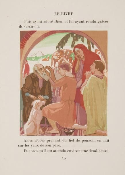 [DENIS (Maurice)].
Le Livre de Tobie. Traduit sur la Vulgate par Le Maistre de Sacy avec une préface de l'Abbé Jean-Pierre Altermann.
Paris, 1929. - In-folio,  (3 ff.), VII pp., (1 f. blanc), 50 pp., (3 ff. dernier blanc), couverture imprimée. En feuilles, couverture rempliée, chemise cartonnée à lacets d'édition.

Édition tirée à 200 exemplaires, illustrée de 29 compositions en couleurs de Maurice DENIS (1870-1943), gravées sur bois par Jacques Beltrand.
Chemise salie, couverture brunie et piquée comme souvent.