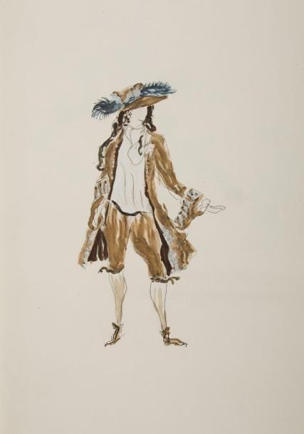 DIAGHILEW (Serge de) - BRAQUE (Georges).
Les Facheux.
Paris : Quatre chemins, 1924. - 2 volumes in-4, 280 x 226 : (17 ff.), 25 planches, couverture illustrée ; portrait, (6 ff.), 22 planches, couverture illustrée. Broché, couverture rempliée, étui.

Ouvrage consacré au ballet Les Facheux de Boris Kochno d'après la comédie-ballet de Molière, créé le 19 janvier 1924 au théâtre de Monte-Carlo, sur une musique de Georges Auric, avec la chorégraphie de la Nijinska et les décors et costumes dessinés par Georges Braque.
Cette publication, tirée à 500 exemplaires, est divisée en 2 volumes, chacun comprenant une couverture illustrée par Georges BRAQUE (1882-1963). Le premier contient un article et un portrait hors texte de Georges Auric par Jean COCTEAU, un article de Louis Laloy, une reproduction de la partition de Georges Auric et 23 reproductions en couleurs de dessins de décors et de costumes de Georges BRAQUE.
La seconde partie est consacrée à la réalisation scénique et comporte un portrait photographique de Georges Braque d'après une photographie de Man Ray et 22 photographies de Georges Detaille représentant les différents artistes du ballet.
Un des 75 exemplaires hors commerce sur vélin d'Arches, numérotés en chiffres romains.
Feuillets et planches en partie débrochés dans le premier volume et totalement débrochés dans le second. Étui sali.