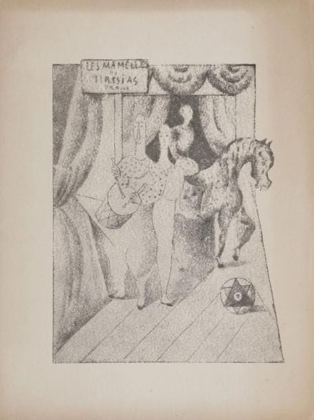 APOLLINAIRE (Guillaume) - FÉRAT (Serge).
Les Mamelles de Tirésias. Drame surréaliste en deux actes et un prologue. Avec la musique de Germaine Albert-Birot.
Paris : SIC, 1918. - In-8, 192 x 143 : 108 pp., (2 ff. premier blanc), couverture imprimée. Broché.

Édition originale de ce drame représenté pour la première fois le 24 juin 1917 au 10-12 de la rue de l'Orient à Paris.
Apollinaire apporte cette précision en tête de sa préface : " Sans réclamer d'indulgence, je fais remarquer que ceci est une oeuvre de jeunesse, car sauf le Prologue et la dernière scène du deuxième acte qui sont de 1916, cet ouvrage a été fait en 1903, c'est-à-dire quatorze ans avant qu'on ne le représentât. "
L'édition est illustrée de 7 dessins du peintre Serge FÉRAT (1881-1958), reproduits à pleine page, dont un répété sur la couverture.
Exemplaire sur papier d'édition, très bien conservé. Il n'y eut que 17 exemplaires sur grand papier.
Bords des plats de couverture légèrement brunis.