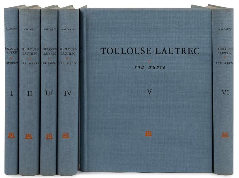 DORTU (M. G.) - TOULOUSE-LAITREC (Henri de).
Toulouse-Lautrec et son œuvre.
New-York : Collectors editions, 1971. - 6 volumes in-4, 322 x 248. Toile bleue d'édition, tête dorée, non rogné.

Édition originale de cet important catalogue raisonné de l'œuvre de TOULOUSE-LAUTREC (1864-1901), tirée à 1500 exemplaires numérotés sur papier vélin similiforme.
Exemplaire parfaitement conservé.